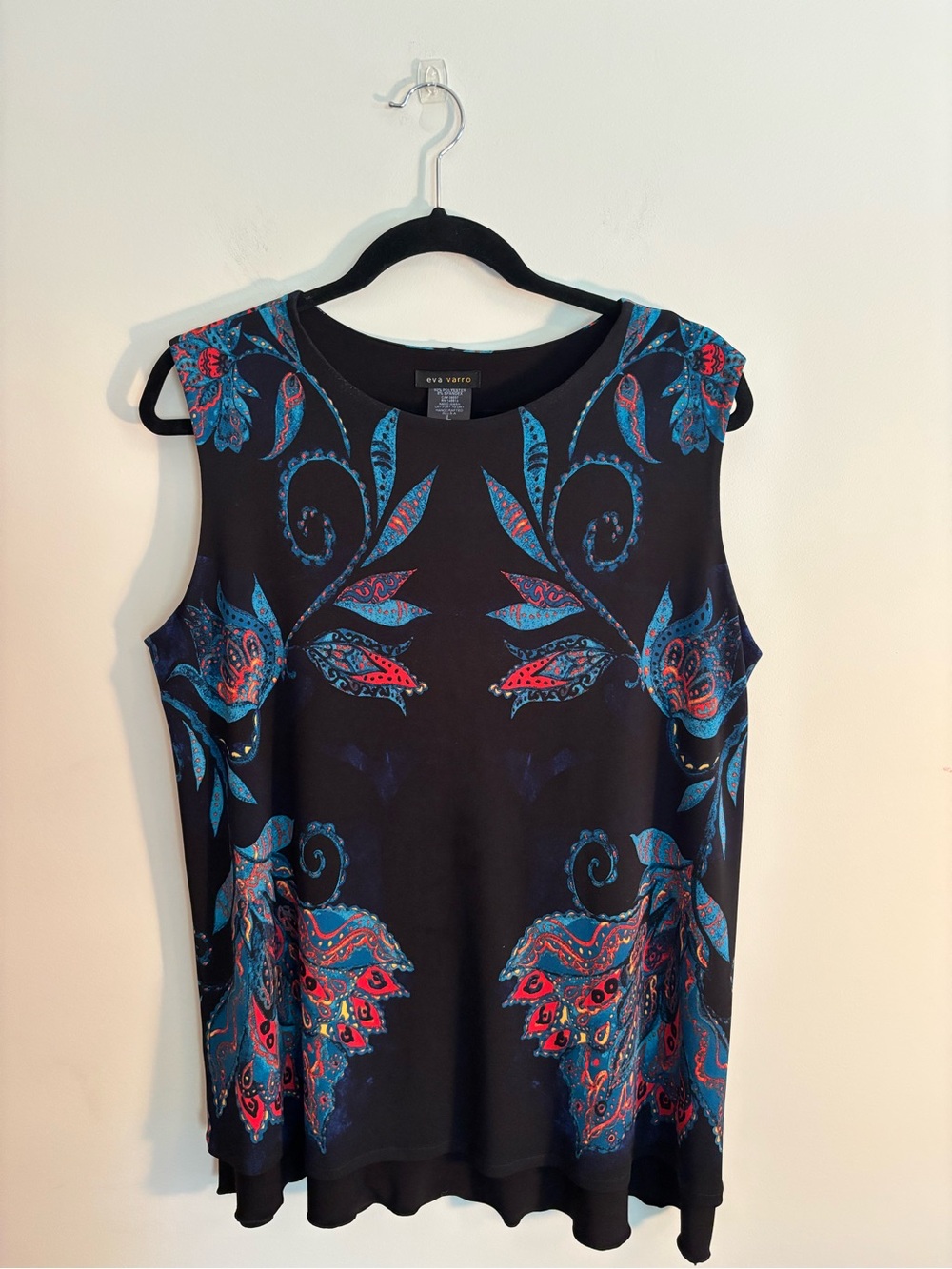 Eva Varro Black Sleeveless Tunic with Teal & Red Leaf Motif